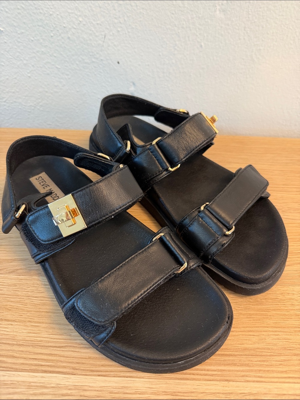 Steve Madden Black Leather Sandals with Gold-Tone Accents